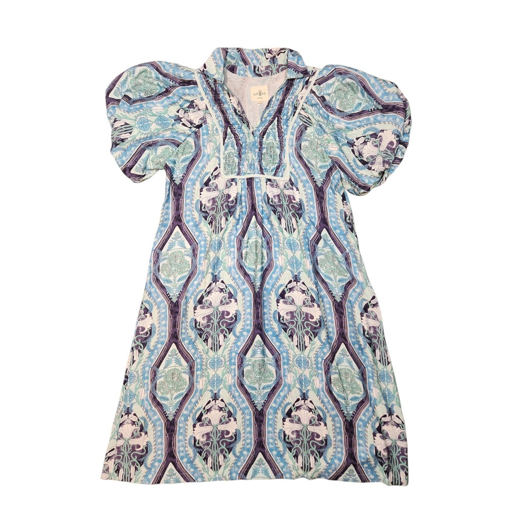 UMGEE Cleo Watercolor Skies Boho Cottage Kaftan Puff Sleeve Cotton Midi Dress M